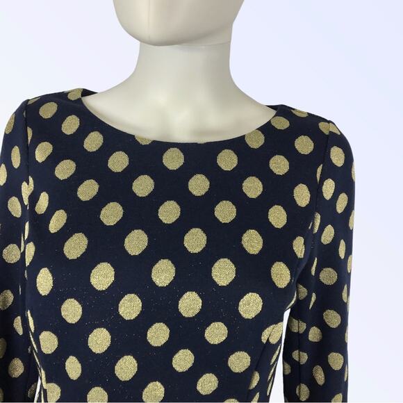 Boden Dress Gold Metallic & Navy Blue Knitted Polka Dot Knee Length - Picture 2 of 8